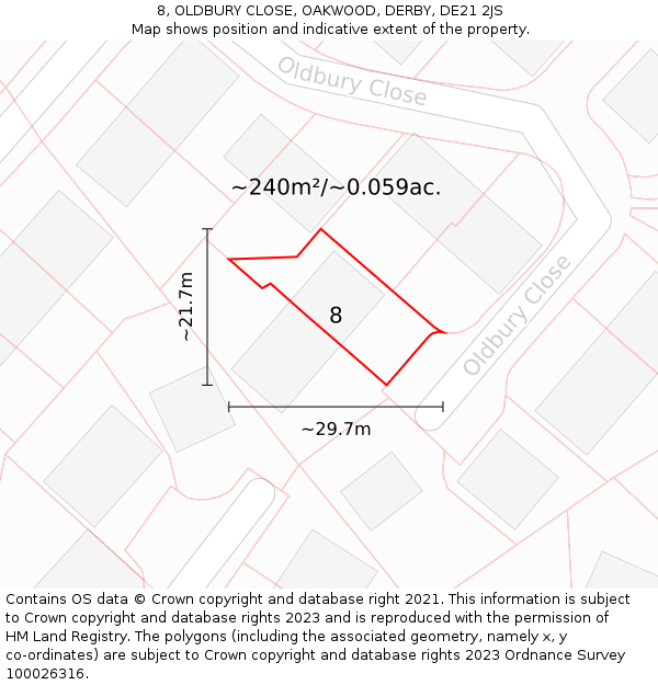 8, OLDBURY CLOSE, OAKWOOD, DERBY, DE21 2JS: Plot and title map