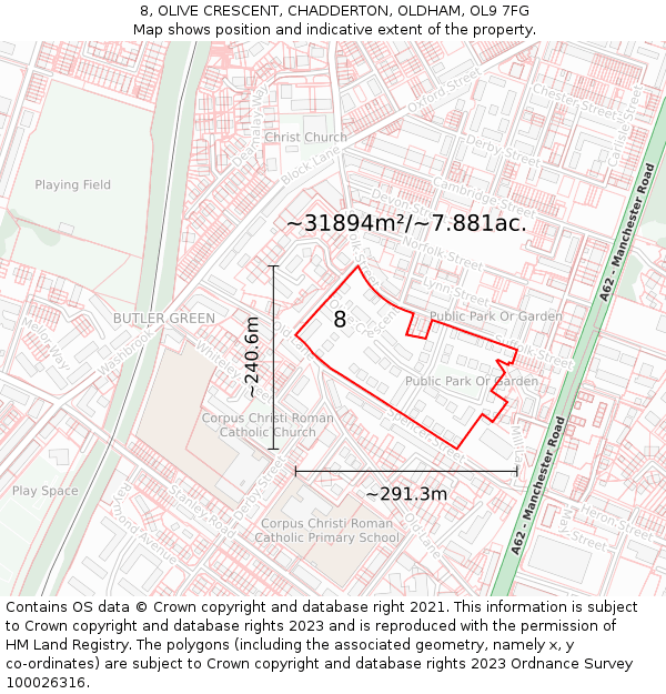 8, OLIVE CRESCENT, CHADDERTON, OLDHAM, OL9 7FG: Plot and title map