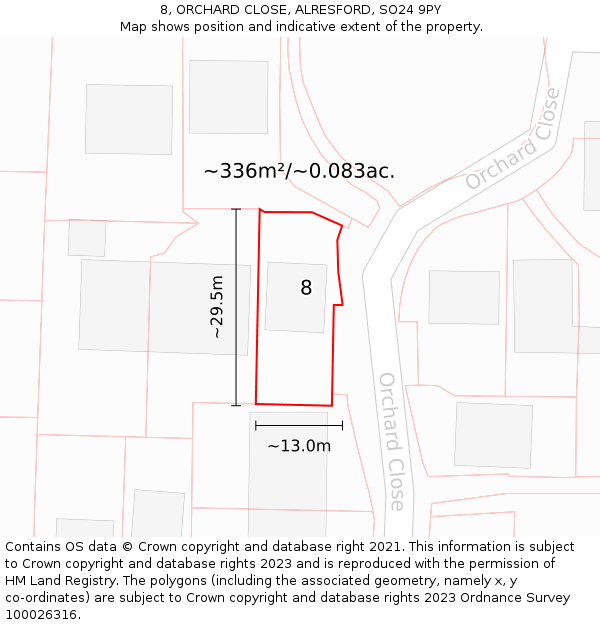 8, ORCHARD CLOSE, ALRESFORD, SO24 9PY: Plot and title map