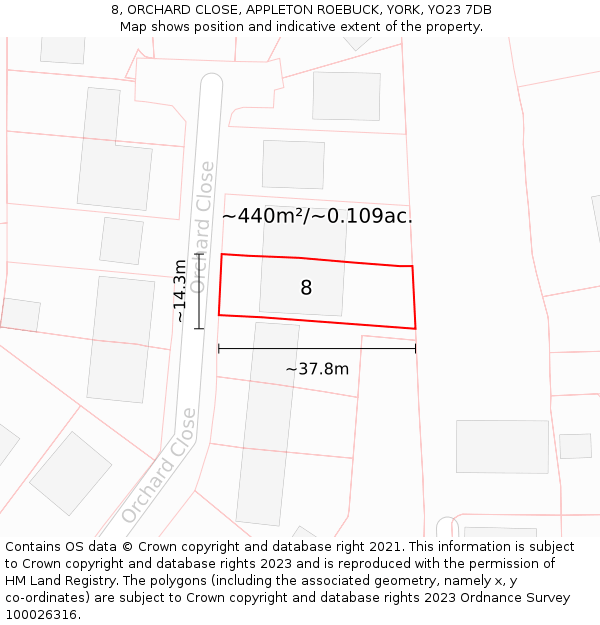 8, ORCHARD CLOSE, APPLETON ROEBUCK, YORK, YO23 7DB: Plot and title map