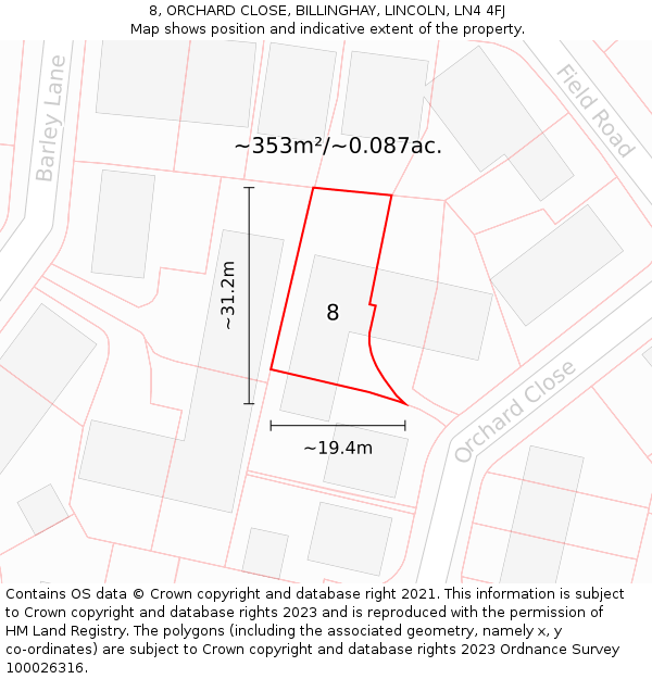 8, ORCHARD CLOSE, BILLINGHAY, LINCOLN, LN4 4FJ: Plot and title map