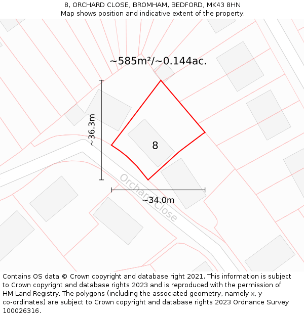 8, ORCHARD CLOSE, BROMHAM, BEDFORD, MK43 8HN: Plot and title map