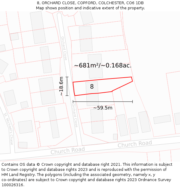 8, ORCHARD CLOSE, COPFORD, COLCHESTER, CO6 1DB: Plot and title map