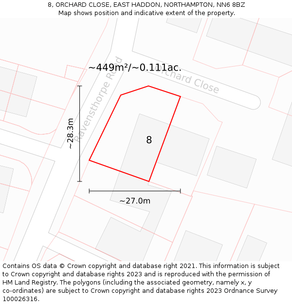 8, ORCHARD CLOSE, EAST HADDON, NORTHAMPTON, NN6 8BZ: Plot and title map