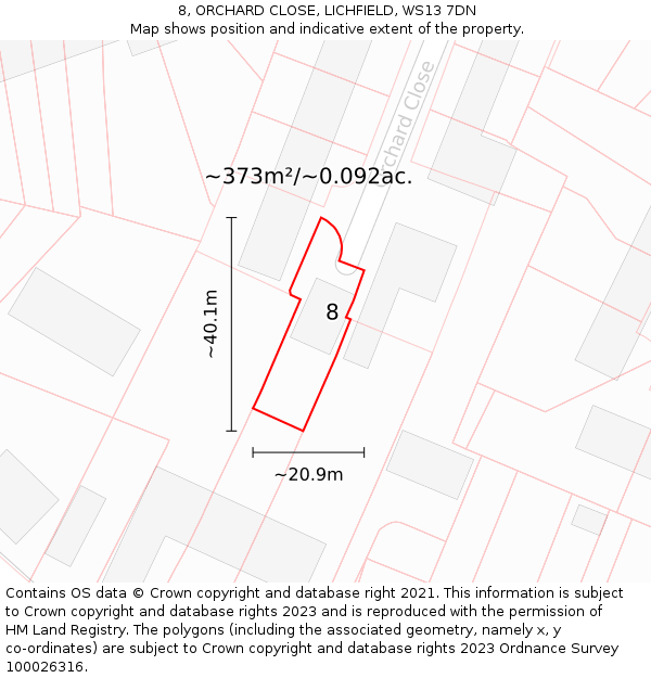8, ORCHARD CLOSE, LICHFIELD, WS13 7DN: Plot and title map