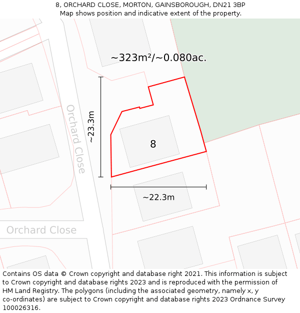 8, ORCHARD CLOSE, MORTON, GAINSBOROUGH, DN21 3BP: Plot and title map