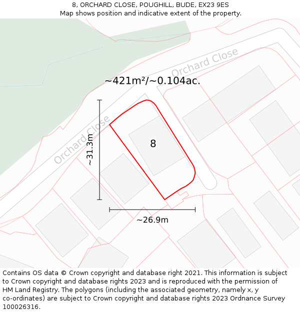 8, ORCHARD CLOSE, POUGHILL, BUDE, EX23 9ES: Plot and title map