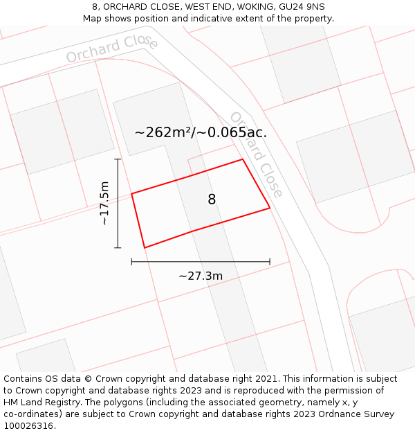 8, ORCHARD CLOSE, WEST END, WOKING, GU24 9NS: Plot and title map