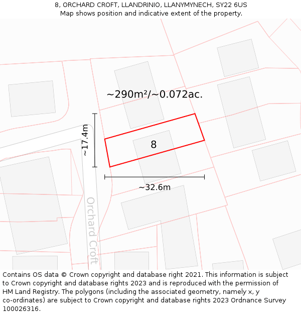 8, ORCHARD CROFT, LLANDRINIO, LLANYMYNECH, SY22 6US: Plot and title map