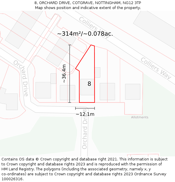 8, ORCHARD DRIVE, COTGRAVE, NOTTINGHAM, NG12 3TP: Plot and title map