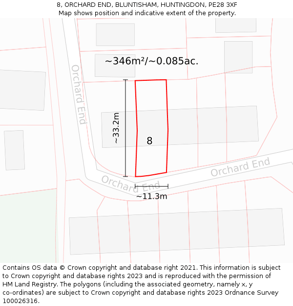 8, ORCHARD END, BLUNTISHAM, HUNTINGDON, PE28 3XF: Plot and title map