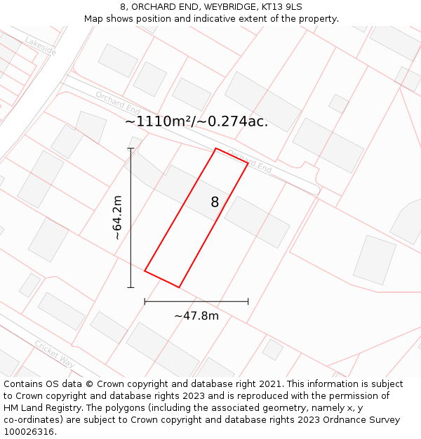 8, ORCHARD END, WEYBRIDGE, KT13 9LS: Plot and title map