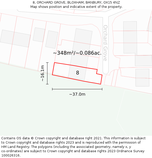8, ORCHARD GROVE, BLOXHAM, BANBURY, OX15 4NZ: Plot and title map