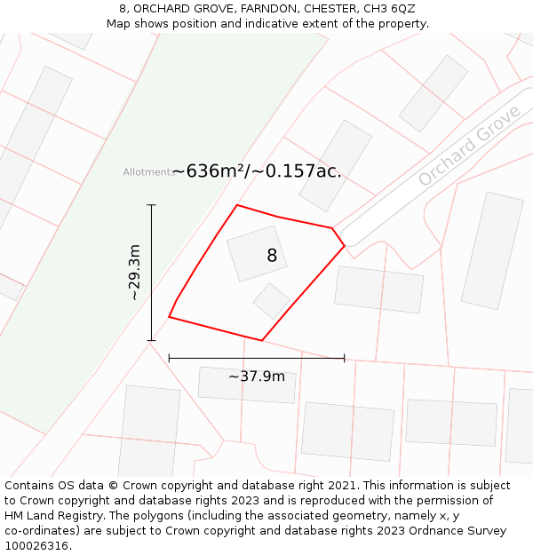 8, ORCHARD GROVE, FARNDON, CHESTER, CH3 6QZ: Plot and title map