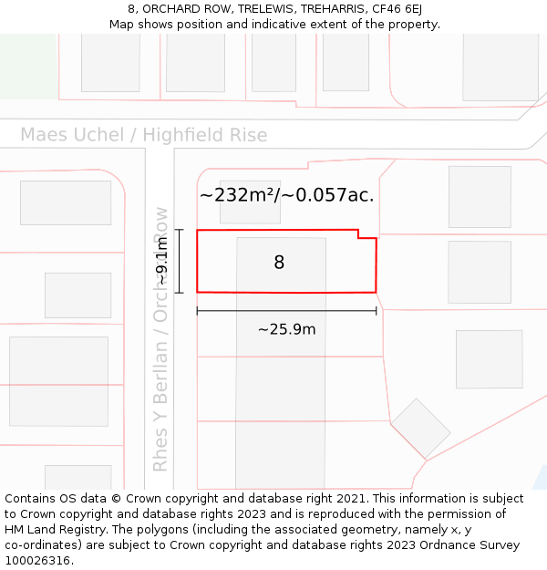 8, ORCHARD ROW, TRELEWIS, TREHARRIS, CF46 6EJ: Plot and title map