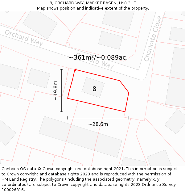 8, ORCHARD WAY, MARKET RASEN, LN8 3HE: Plot and title map