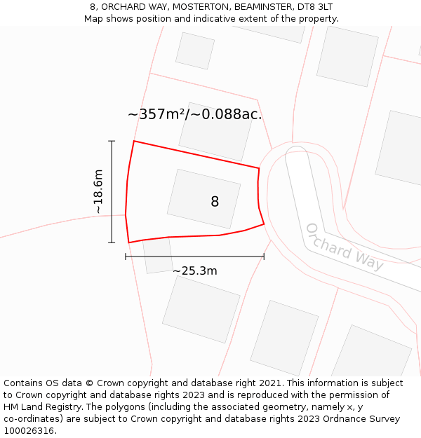 8, ORCHARD WAY, MOSTERTON, BEAMINSTER, DT8 3LT: Plot and title map