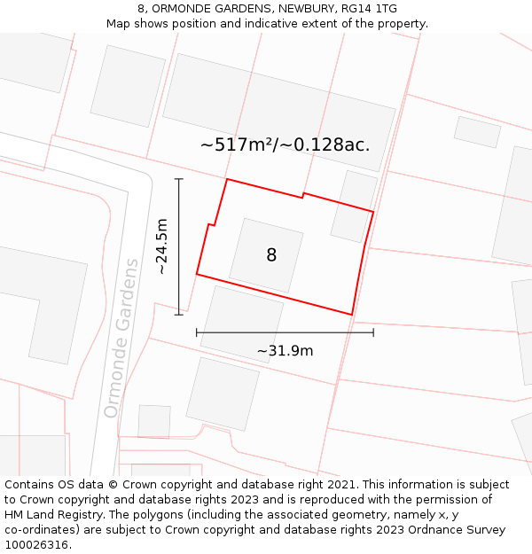 8, ORMONDE GARDENS, NEWBURY, RG14 1TG: Plot and title map