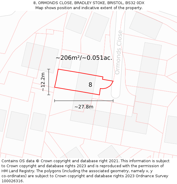 8, ORMONDS CLOSE, BRADLEY STOKE, BRISTOL, BS32 0DX: Plot and title map