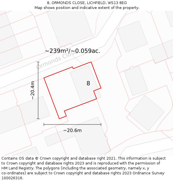 8, ORMONDS CLOSE, LICHFIELD, WS13 8EG: Plot and title map