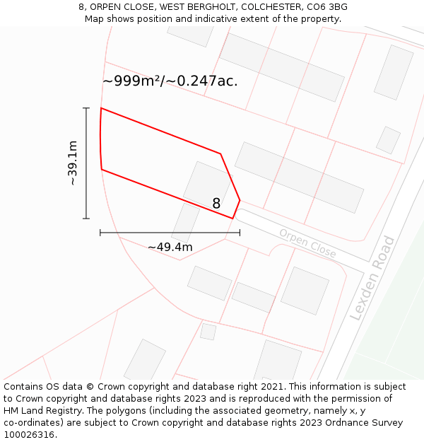8, ORPEN CLOSE, WEST BERGHOLT, COLCHESTER, CO6 3BG: Plot and title map