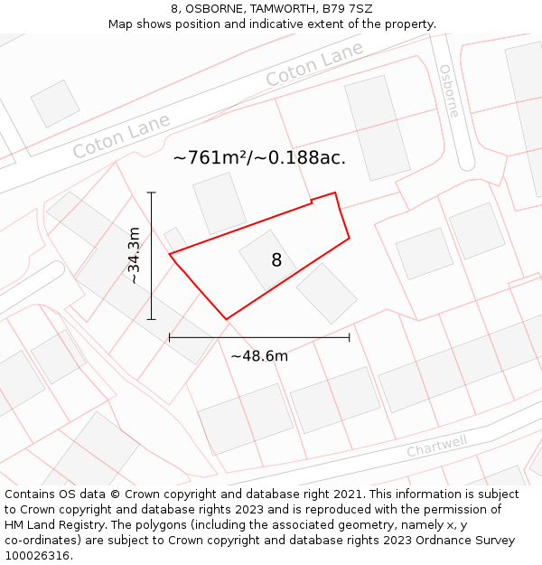 8, OSBORNE, TAMWORTH, B79 7SZ: Plot and title map