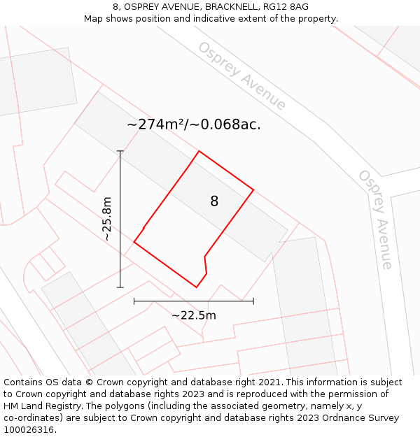 8, OSPREY AVENUE, BRACKNELL, RG12 8AG: Plot and title map