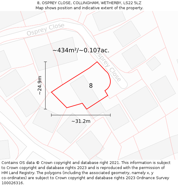 8, OSPREY CLOSE, COLLINGHAM, WETHERBY, LS22 5LZ: Plot and title map