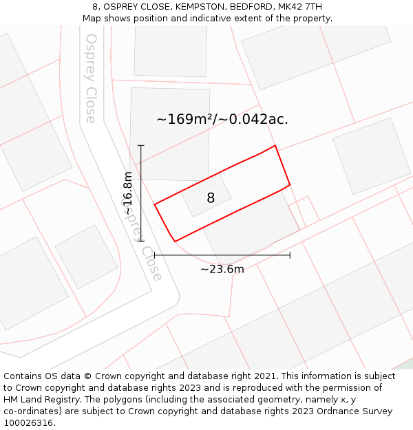 8, OSPREY CLOSE, KEMPSTON, BEDFORD, MK42 7TH: Plot and title map
