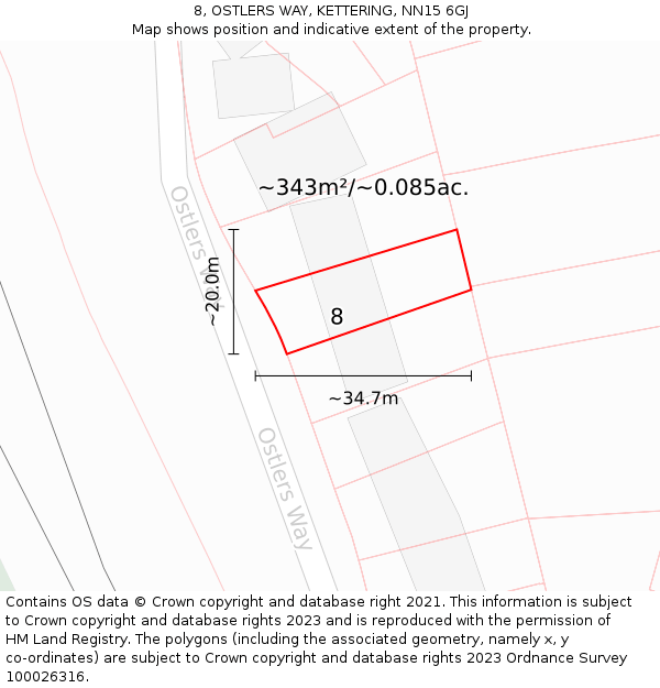 8, OSTLERS WAY, KETTERING, NN15 6GJ: Plot and title map