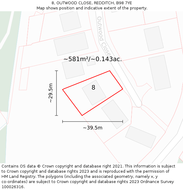 8, OUTWOOD CLOSE, REDDITCH, B98 7YE: Plot and title map