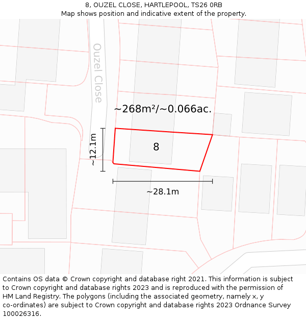 8, OUZEL CLOSE, HARTLEPOOL, TS26 0RB: Plot and title map