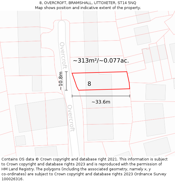 8, OVERCROFT, BRAMSHALL, UTTOXETER, ST14 5NQ: Plot and title map