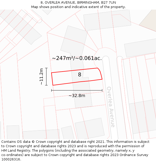 8, OVERLEA AVENUE, BIRMINGHAM, B27 7UN: Plot and title map