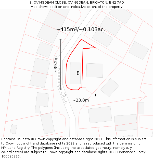 8, OVINGDEAN CLOSE, OVINGDEAN, BRIGHTON, BN2 7AD: Plot and title map