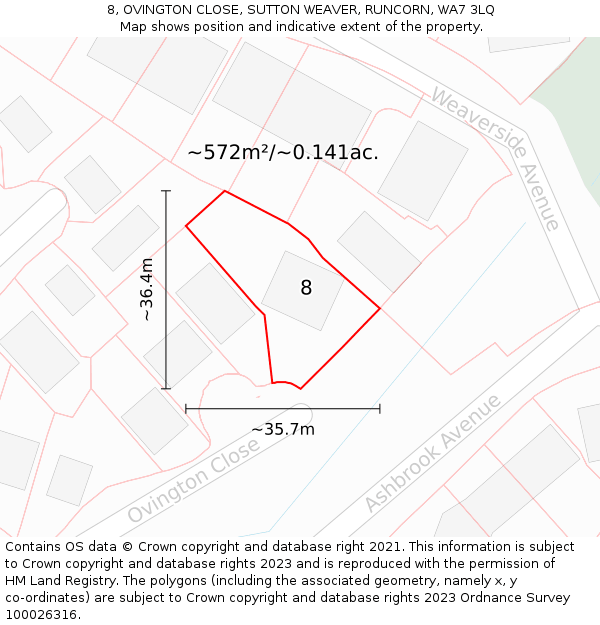 8, OVINGTON CLOSE, SUTTON WEAVER, RUNCORN, WA7 3LQ: Plot and title map