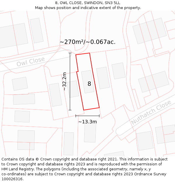 8, OWL CLOSE, SWINDON, SN3 5LL: Plot and title map