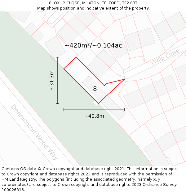 8, OXLIP CLOSE, MUXTON, TELFORD, TF2 8RT: Plot and title map