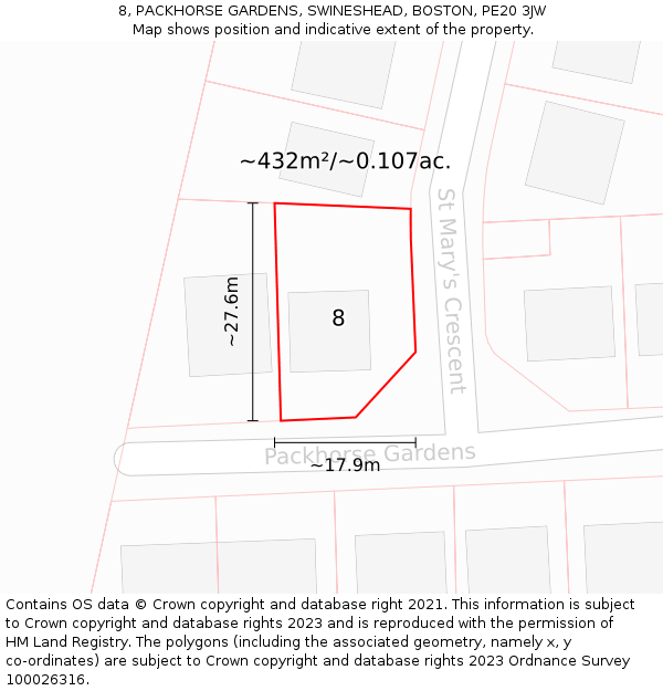8, PACKHORSE GARDENS, SWINESHEAD, BOSTON, PE20 3JW: Plot and title map