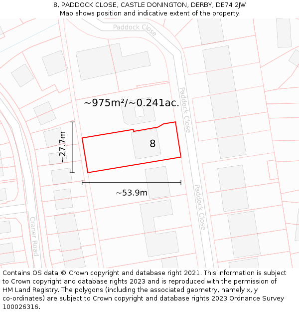 8, PADDOCK CLOSE, CASTLE DONINGTON, DERBY, DE74 2JW: Plot and title map