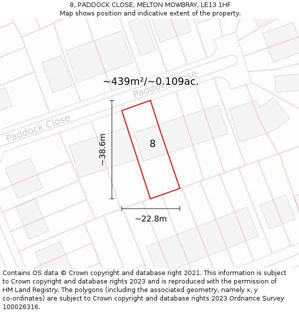 8, PADDOCK CLOSE, MELTON MOWBRAY, LE13 1HF: Plot and title map