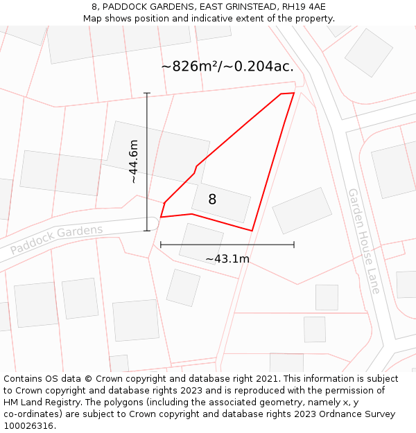 8, PADDOCK GARDENS, EAST GRINSTEAD, RH19 4AE: Plot and title map