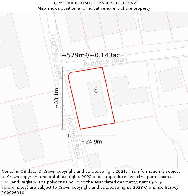 8, PADDOCK ROAD, SHANKLIN, PO37 6NZ: Plot and title map