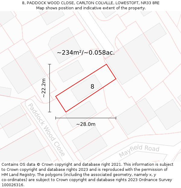 8, PADDOCK WOOD CLOSE, CARLTON COLVILLE, LOWESTOFT, NR33 8RE: Plot and title map