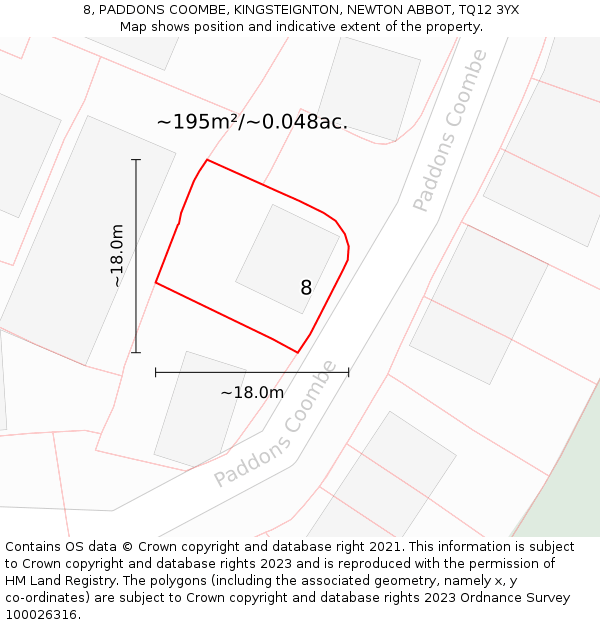 8, PADDONS COOMBE, KINGSTEIGNTON, NEWTON ABBOT, TQ12 3YX: Plot and title map