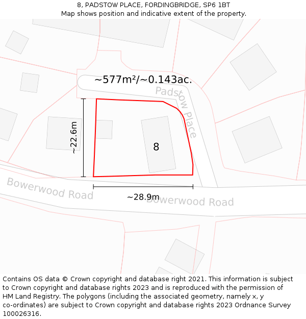 8, PADSTOW PLACE, FORDINGBRIDGE, SP6 1BT: Plot and title map