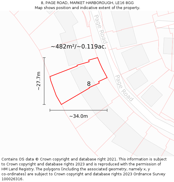 8, PAGE ROAD, MARKET HARBOROUGH, LE16 8GG: Plot and title map