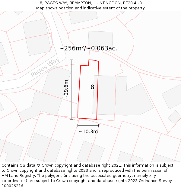 8, PAGES WAY, BRAMPTON, HUNTINGDON, PE28 4UR: Plot and title map