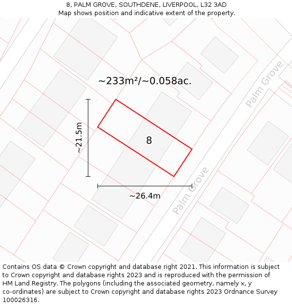 8, PALM GROVE, SOUTHDENE, LIVERPOOL, L32 3AD: Plot and title map