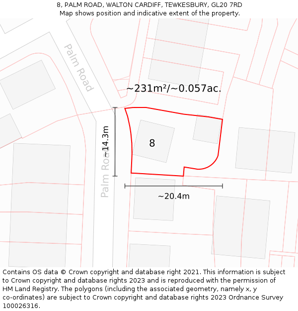 8, PALM ROAD, WALTON CARDIFF, TEWKESBURY, GL20 7RD: Plot and title map